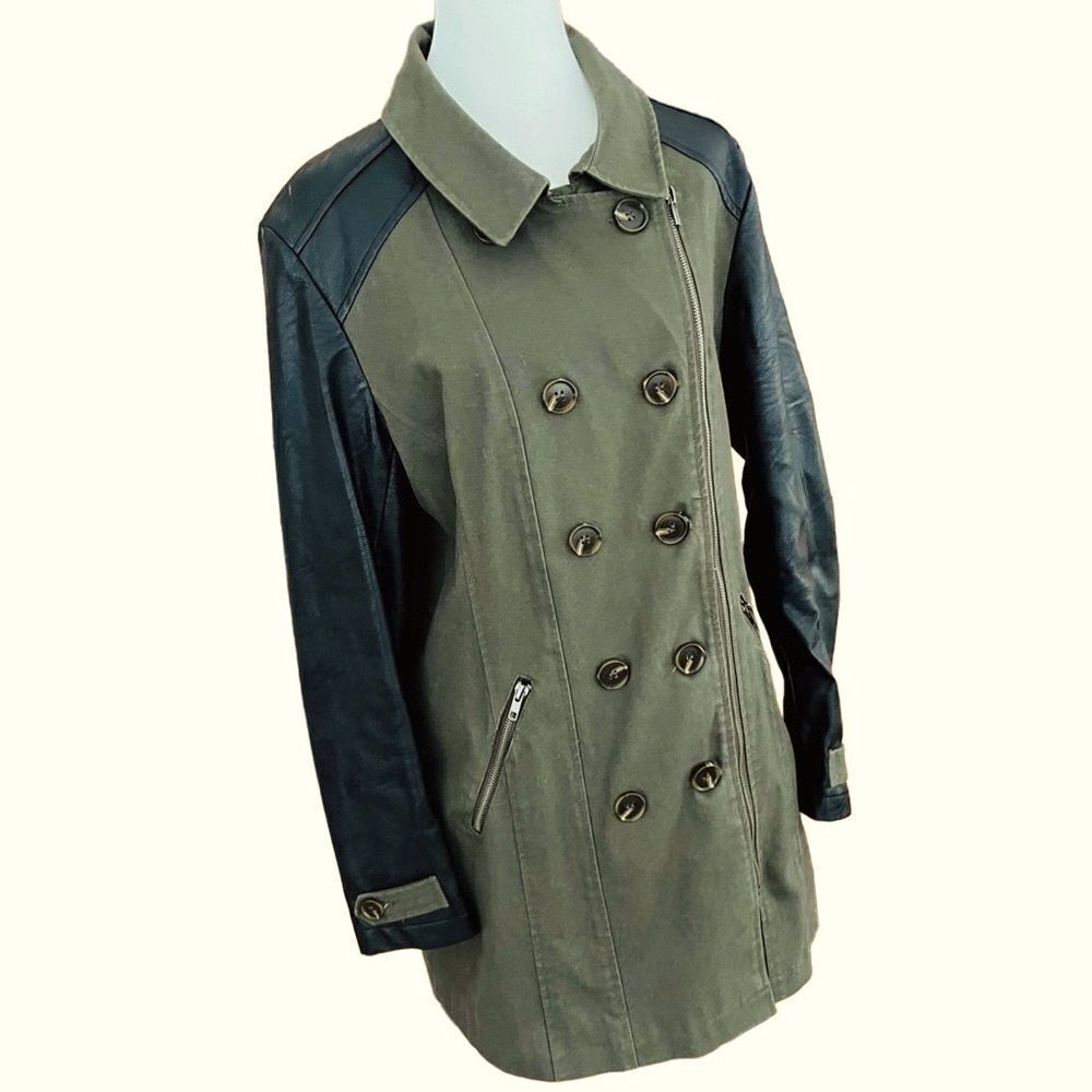 Motto Military Trench Coat with Faux Leather Trim olive green/black size M - Picture 2 of 10